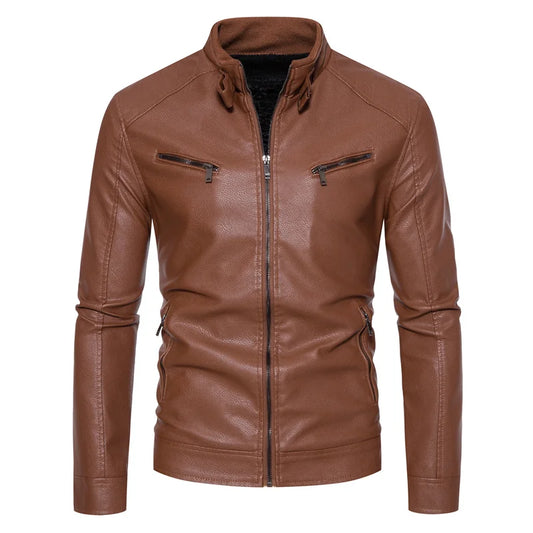 Men’s Leather Jacket Stand-Up Collar FM